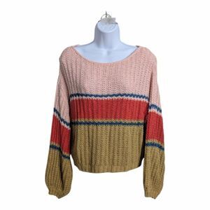 Billabong Woman Colorblock Cropped Crochet Slouchy Sweater Balloon Sleeves M